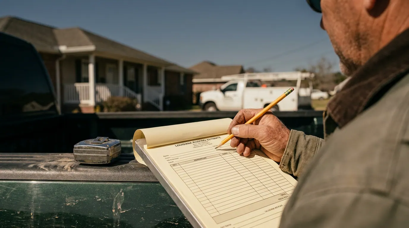Clear Home roofing contractor writing a free Greater New Orleans estimate on a clipboard